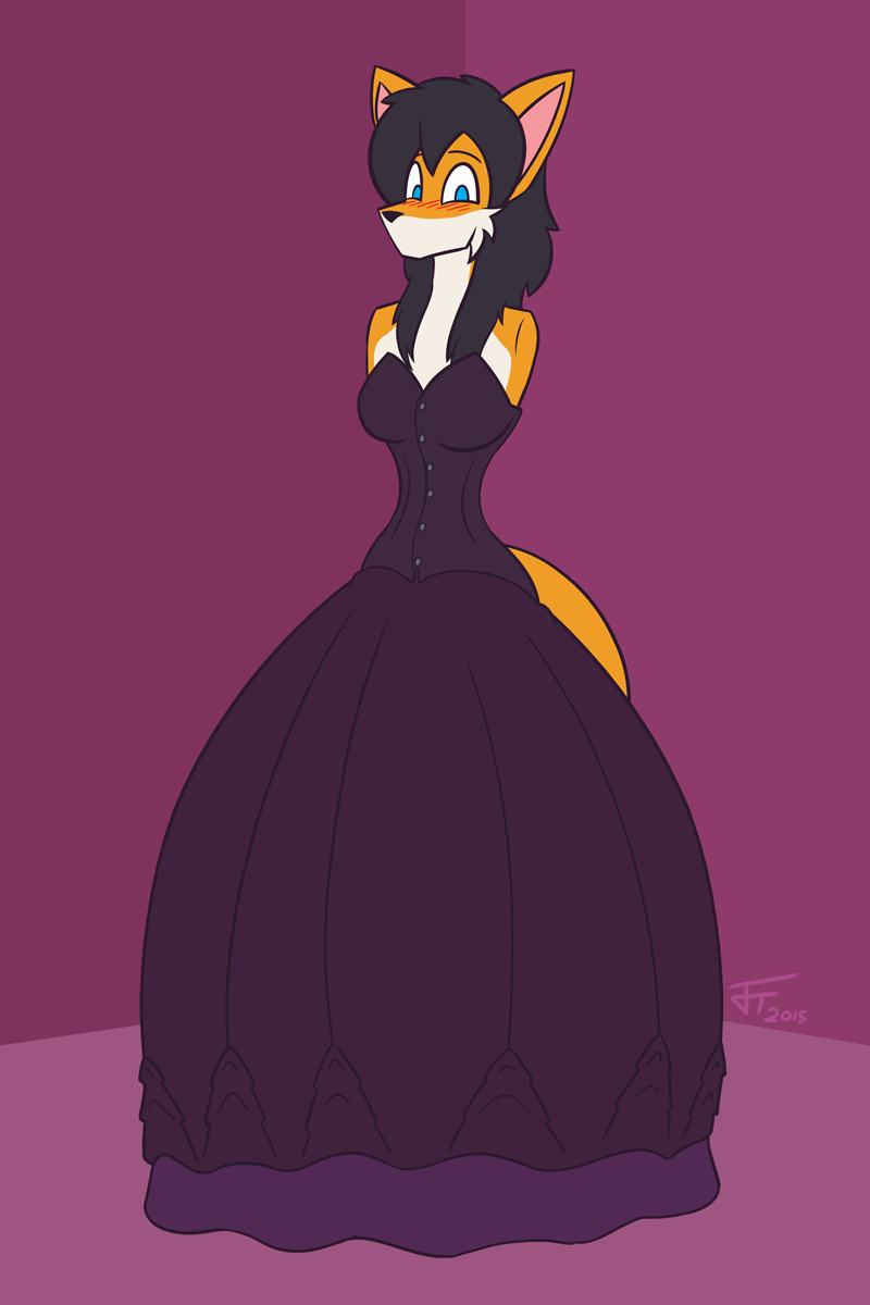 2015 amputee anthro armless black_hair black_nose blue_eyes blush canine clothed clothing dress female fox front_view fur gown hair inside jasentamiia mammal mouthless multicolored_fur orange_fur purple_background purple_clothing purple_dress renee_(jasen_tamiia) signature simple_background snout solo standing two_tone_fur white_fur