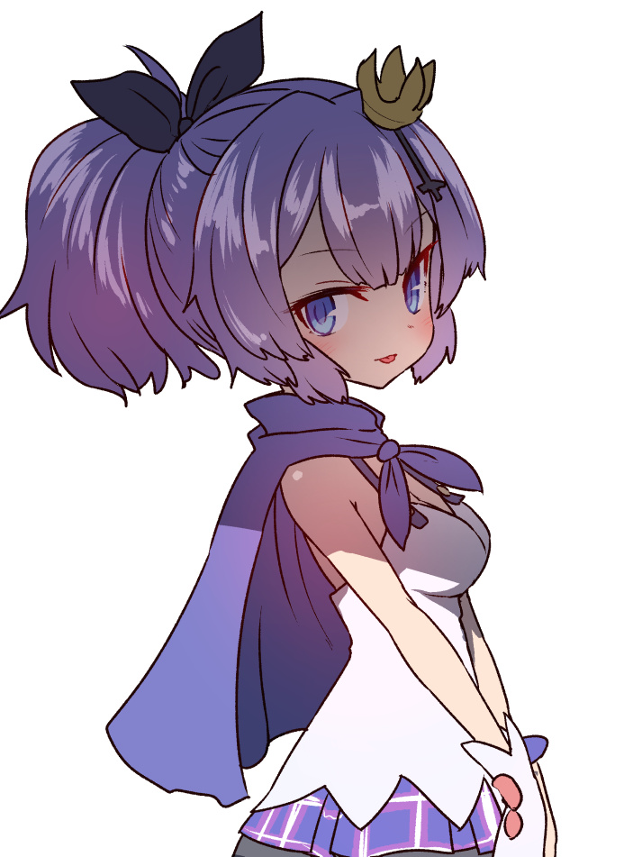 :p azur_lane bare_shoulders black_bow blue_capelet blue_eyes bow breasts capelet crown eyebrows_visible_through_hair from_side gloves hair_bow javelin_(azur_lane) medium_breasts mini_crown pleated_skirt ponytail purple_hair purple_skirt simple_background skirt smile solo sumiyao_(amam) tongue tongue_out upper_body vest white_background white_gloves white_vest