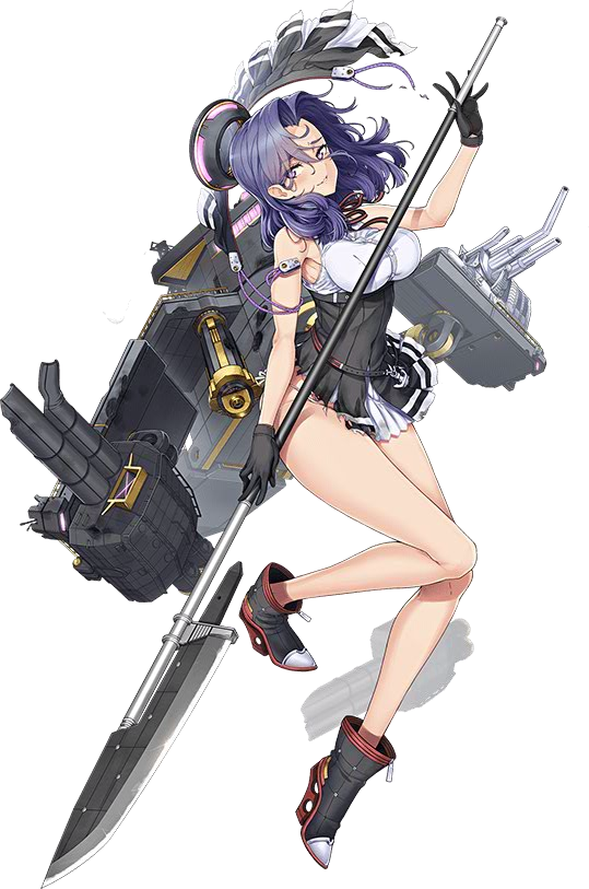 ayaki breasts full_body gloves hair_intakes kantai_collection large_breasts long_hair machinery mechanical_halo official_art panties polearm purple_eyes purple_hair remodel_(kantai_collection) rigging side-tie_panties solo tatsuta_(kantai_collection) torn_clothes torpedo_tubes transparent_background turret underwear weapon