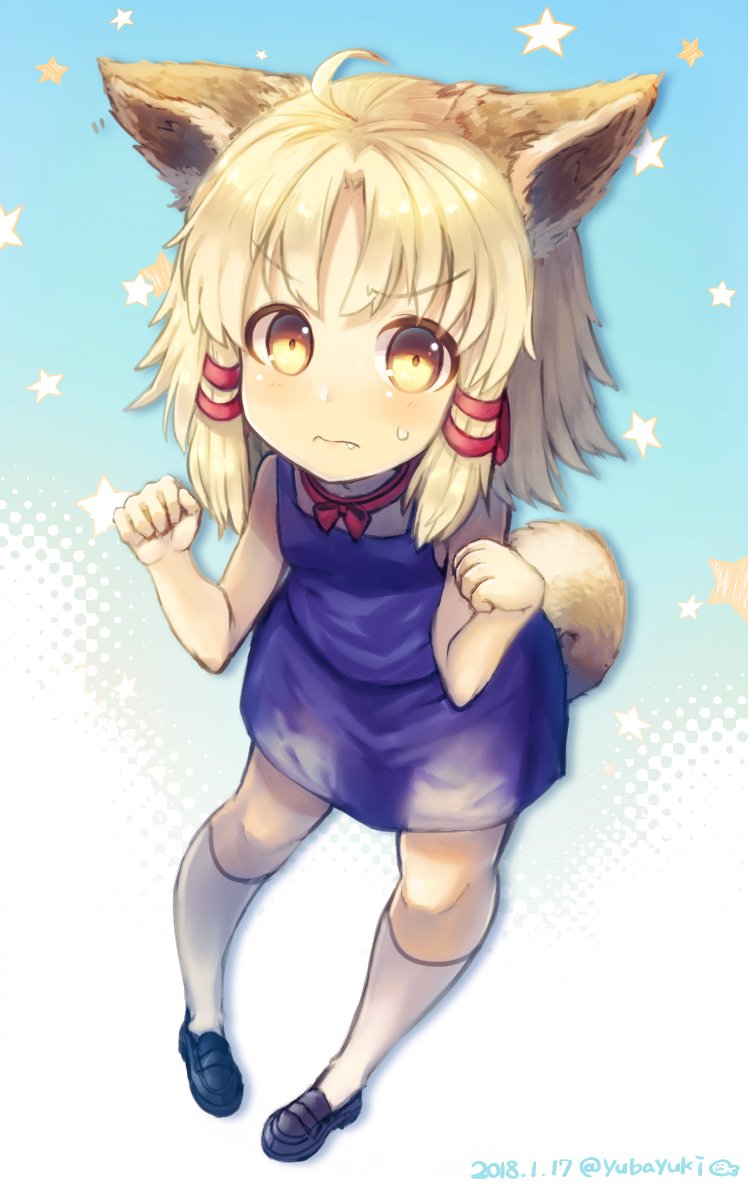 ahoge animal_ears bare_arms black_footwear blonde_hair blue_background clenched_hands closed_mouth dated dog_ears dog_tail eyebrows_visible_through_hair fang_out full_body hair_ribbon kemonomimi_mode kneehighs loafers miniskirt moriya_suwako paw_pose pigeon-toed purple_skirt red_ribbon ribbon shoes skirt sleeveless solo standing star sweatdrop tail touhou tress_ribbon twitter_username vest white_legwear yellow_eyes yubayuki