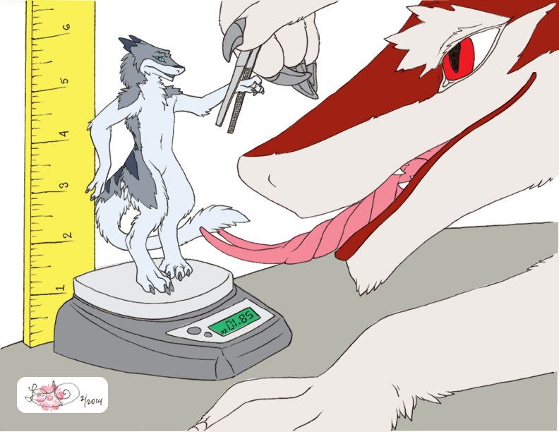 anthro big_dom_small_sub comic domination duo epicwang forked_tongue fumei lag lifting macro male measuring micro micro_on_macro midnightcap questionable_consent ruler sergal shrinking size_difference smaller_male tongue tongue_out tweezers weighing_scale