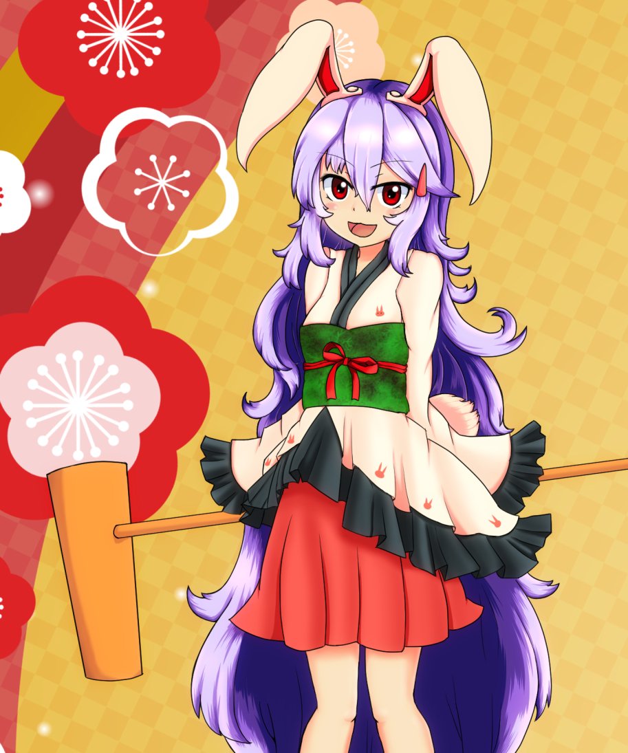:d animal_ears blush breasts bunny_ears bunny_tail commentary_request dress feet_out_of_frame food haruirokomici japanese_clothes kimono kimono_skirt kine long_hair looking_at_viewer mochi open_mouth purple_hair red_eyes reisen_udongein_inaba sleeves_past_wrists small_breasts smile solo tail touhou very_long_hair wagashi wide_sleeves