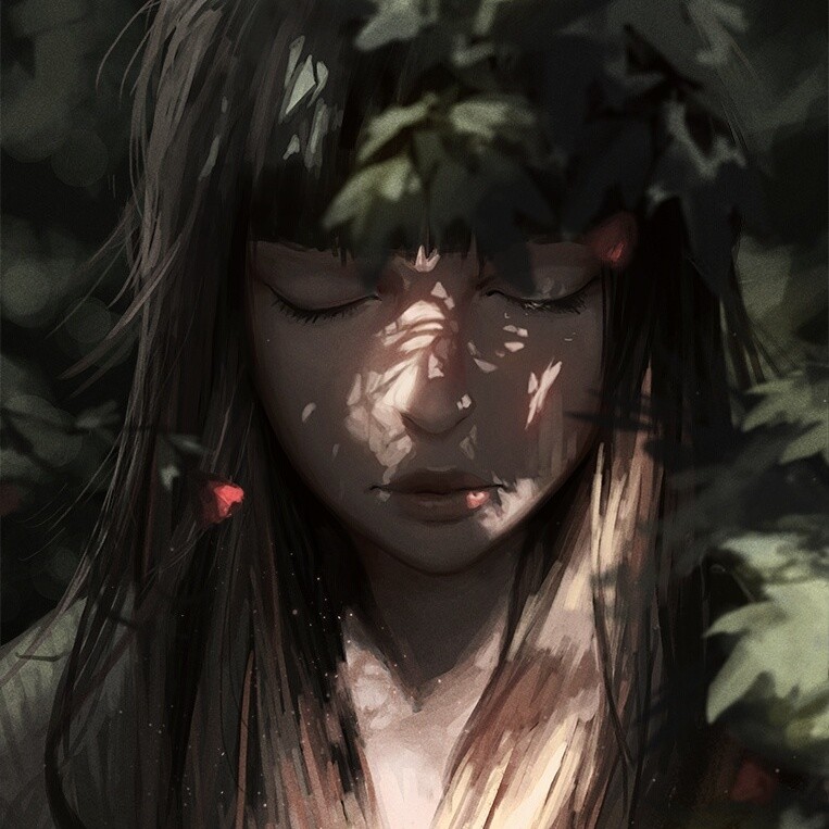 bangs black_hair blunt_bangs blurry closed_eyes closed_mouth commentary dappled_sunlight day depth_of_field face forest guweiz long_hair nature original outdoors pink_lips plant shadow solo sunlight tree