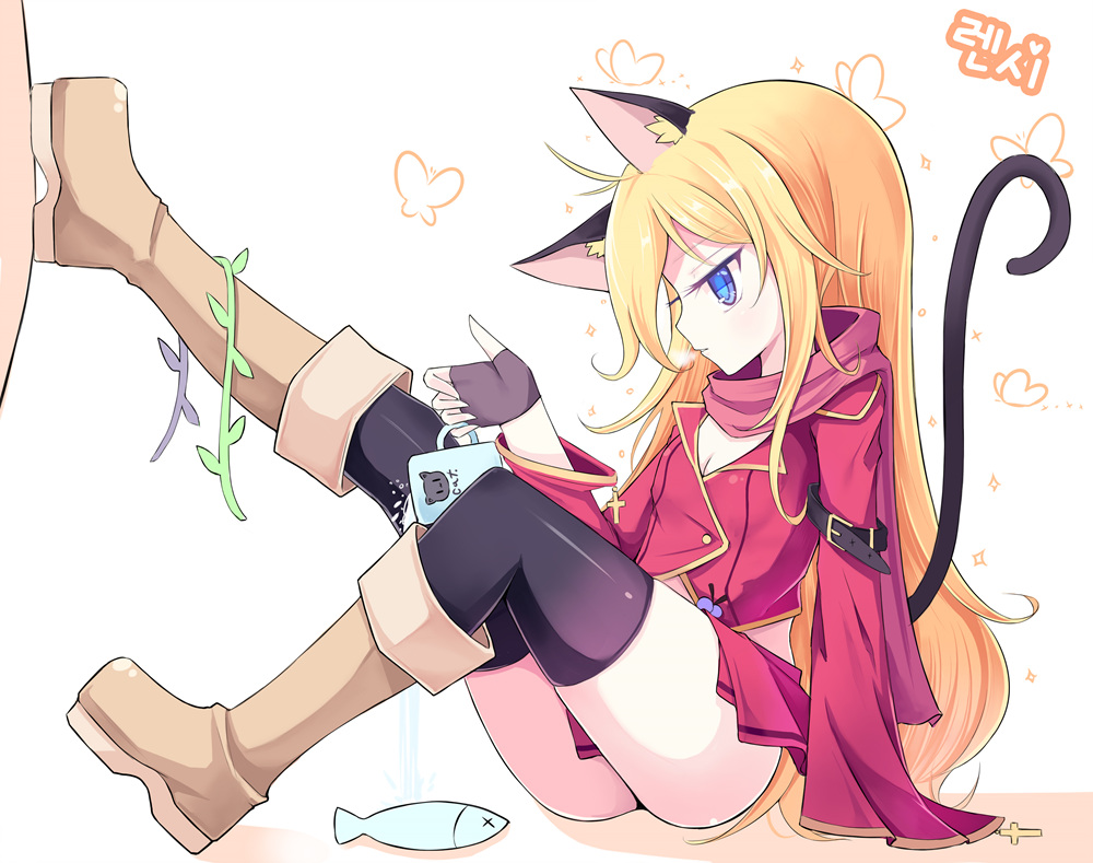 animal_ears arm_belt black_gloves black_legwear blonde_hair blue_eyes brown_footwear bug butterfly cat_ears cat_tail cup dungeon_and_fighter fingerless_gloves fish gloves insect leg_up long_hair mug pink_scarf scarf seaweed solo tail thighhighs vils