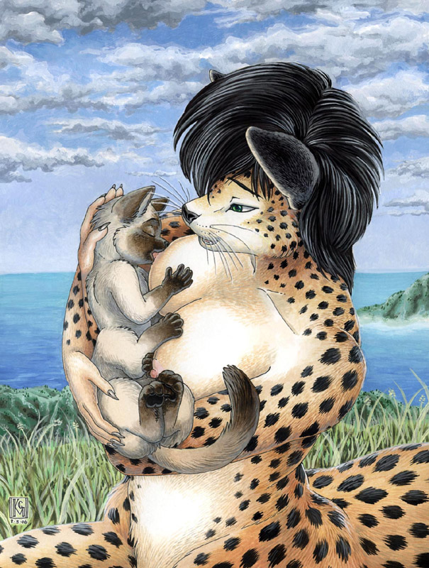 2006 age_difference black_hair black_pawpads blue_sky breastfeeding breasts chakat claws cloud cub detailed_background duo feline female fur grass green_eyes hair kacey mammal nature nipples older_female outside pawpads sea sky spots spotted_fur taur traditional_media_(artwork) walker_(colony) water whiskers young