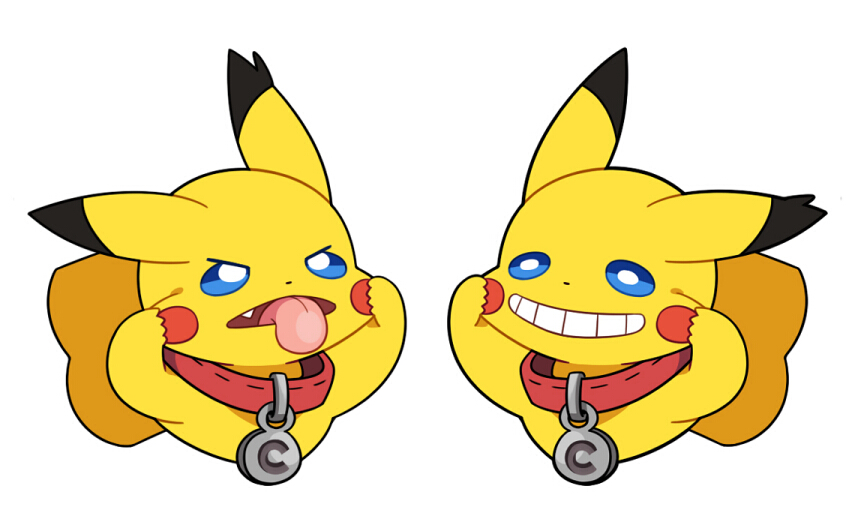 2016 ambiguous_gender blue_eyes cleft_tail collar digital_drawing_(artwork) digital_media_(artwork) dipstick_ears duo fur grin making_faces nintendo open_mouth pikachu pok&eacute;mon pok&eacute;mon_(species) red_cheeks simple_background smile tomato-chibi tongue tongue_out video_games white_background yellow_fur