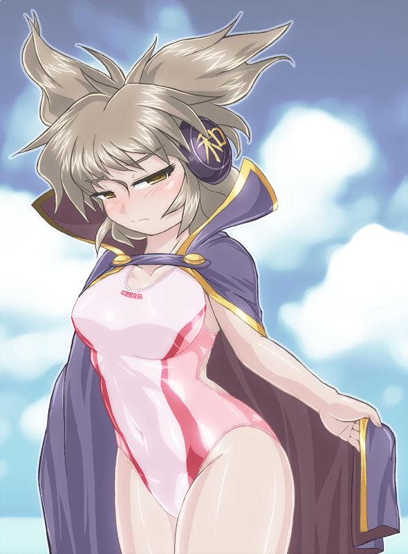 blue_background blue_sky brown_eyes brown_hair cape cloud competition_swimsuit cowboy_shot earmuffs grey_cape one-piece_swimsuit pointy_hair sky solo standing swimsuit touhou toyosatomimi_no_miko white_swimsuit winn