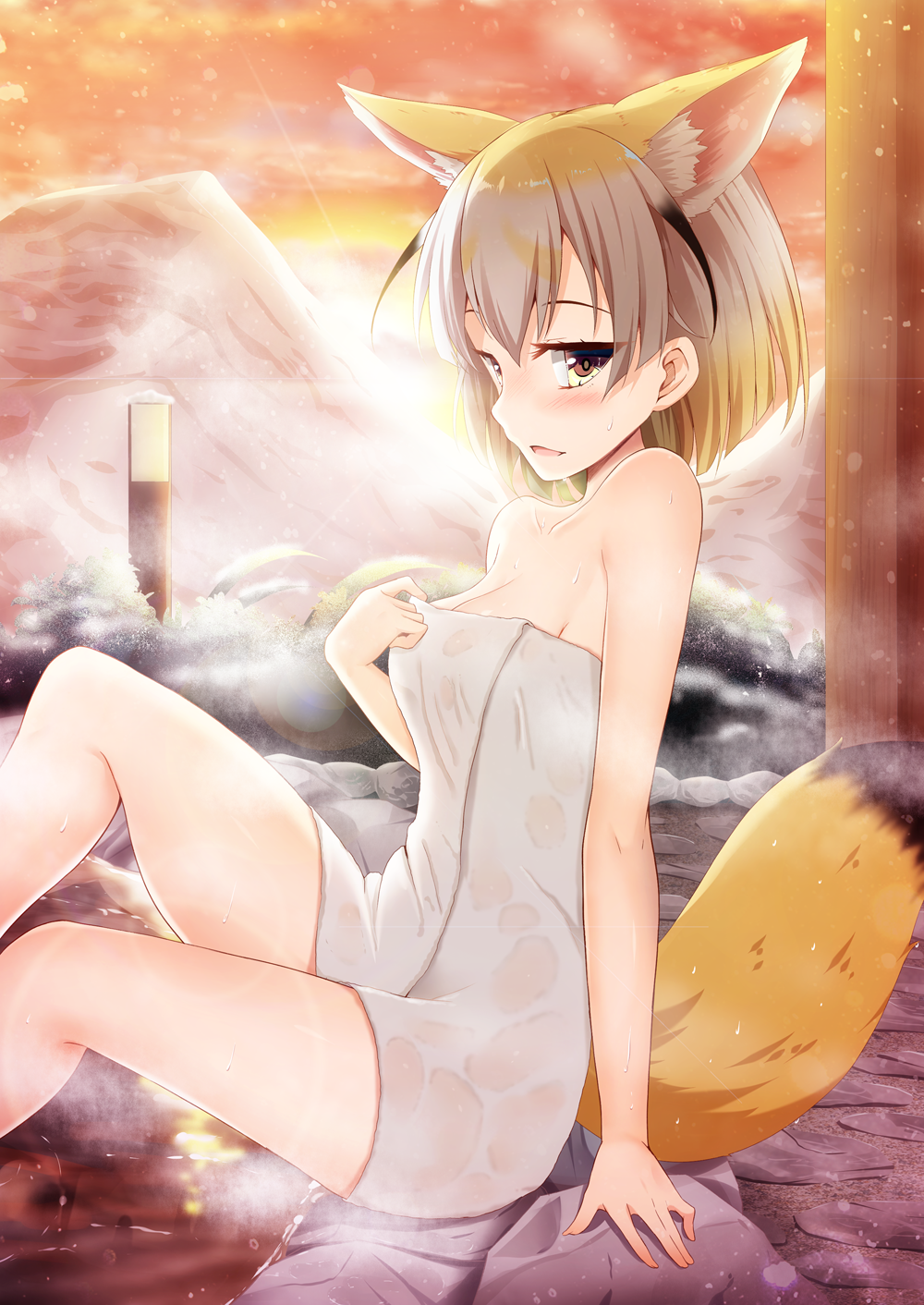 akine_(kuroyuri) animal_ears blonde_hair blush breasts cleavage collarbone commentary_request evening extra_ears fennec_(kemono_friends) fox_ears fox_tail from_side highres holding holding_towel kemono_friends lens_flare looking_at_viewer medium_breasts mountain naked_towel onsen outdoors see-through sitting sky snow solo steam tail towel wet_towel