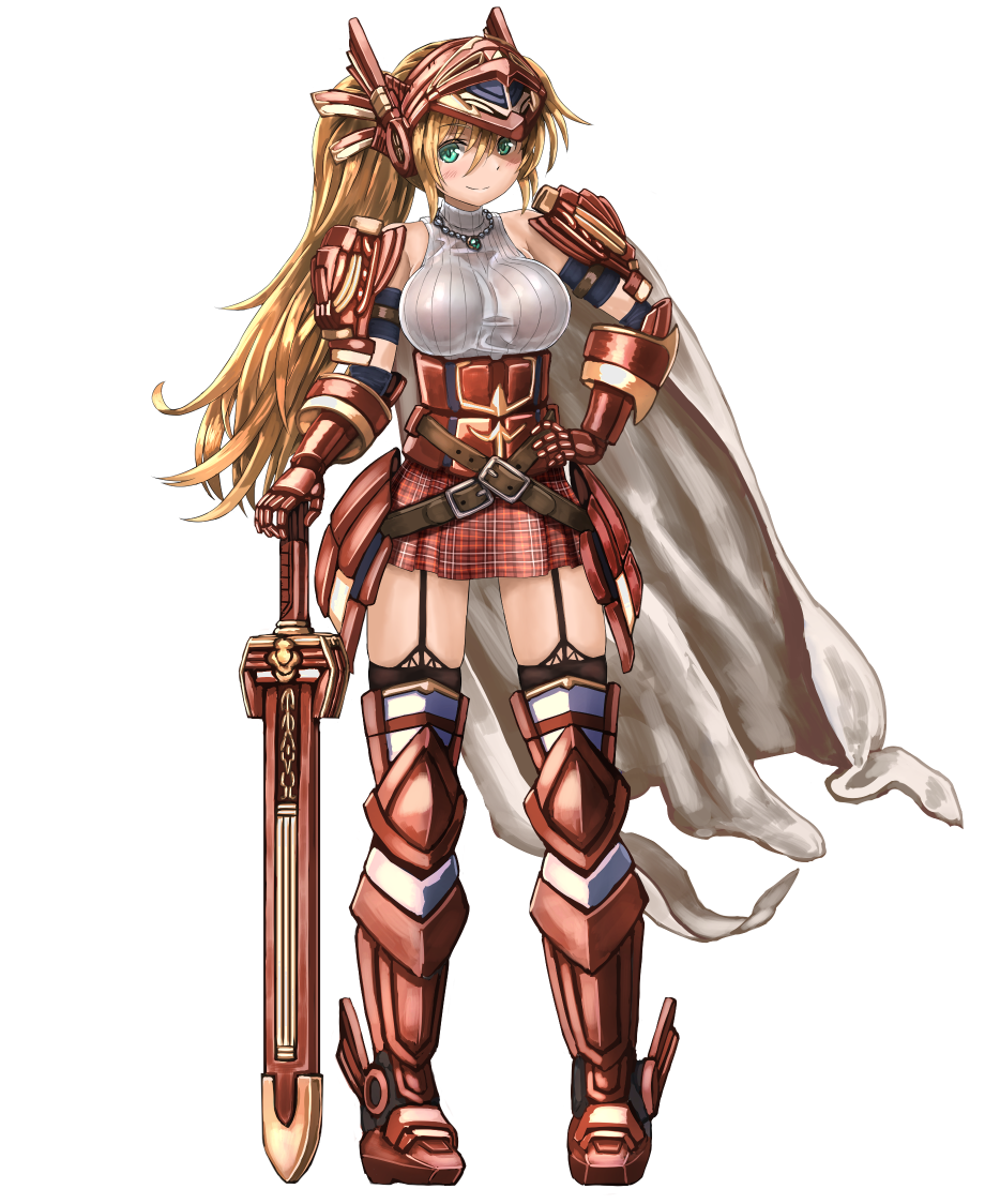 armor black_legwear breasts full_body garter_straps gauntlets greaves green_eyes hand_on_hip helmet jewelry large_breasts long_hair looking_at_viewer necklace original plaid plaid_skirt ponytail red_legwear skirt smile solo sword takahashi_rodemu thighhighs weapon