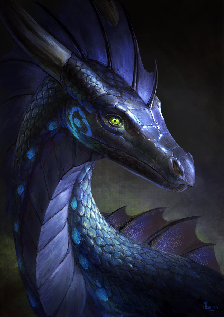 alsares ambiguous_gender black_scales countershading dragon feral fin green_eyes head_fin horn portrait purple_countershading scales scalie simple_background solo western_dragon