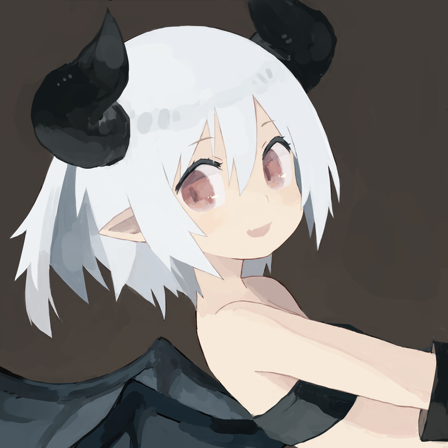 :d bare_shoulders beltbra black_bra blue_hair bra brown_background commentary demon_girl demon_horns demon_wings eyebrows_visible_through_hair fang gloves hair_between_eyes horns light_blush looking_at_viewer open_mouth original paprika_shikiso pointy_ears red_eyes simple_background smile solo underwear upper_body wings