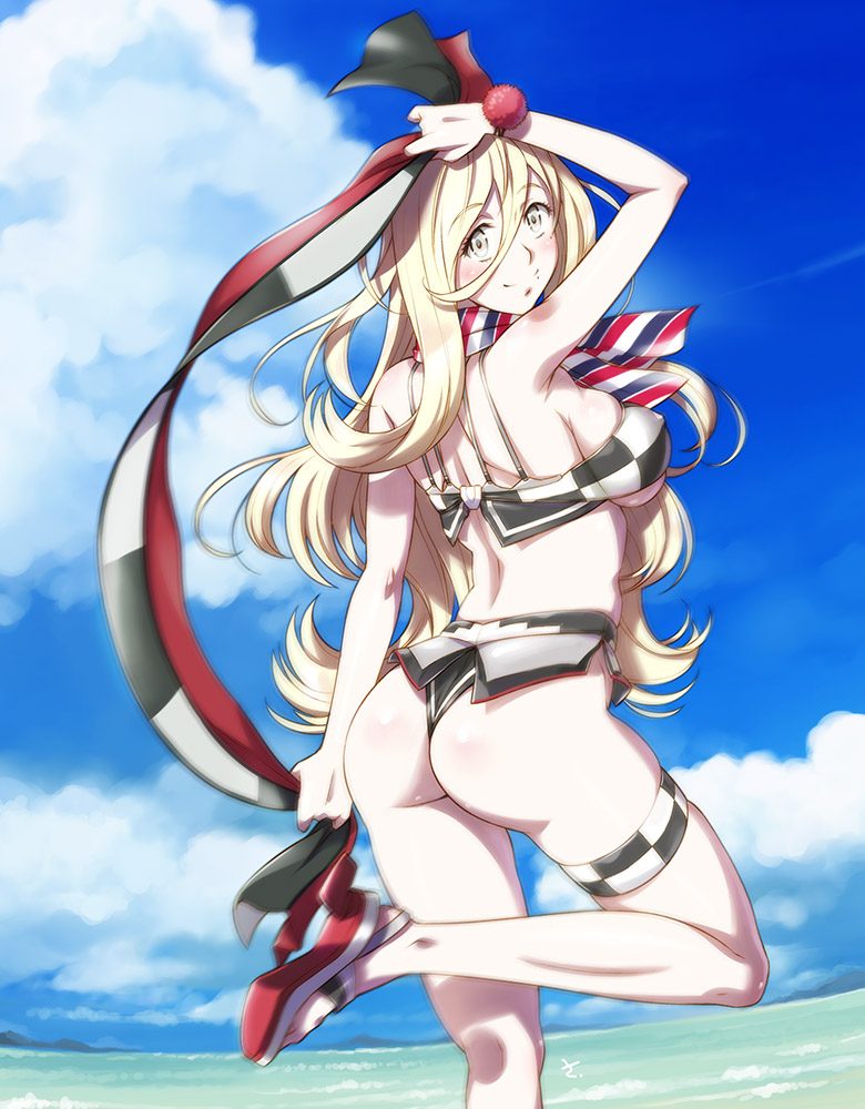 arm_up ass bikini blonde_hair blurry blush breasts checkered checkered_bikini closed_mouth cloud covered_nipples day depth_of_field eyebrows_visible_through_hair from_behind hair_between_eyes head_tilt holding kantai_collection kneepits large_breasts leg_up long_hair looking_back mole mole_under_eye mole_under_mouth outdoors richelieu_(kantai_collection) sameha_ikuya sandals sky smile solo standing swimsuit thigh_strap very_long_hair water yellow_eyes