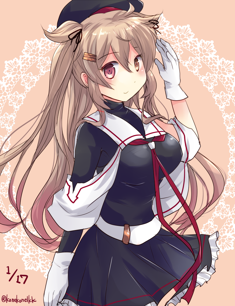 announcement_celebration asymmetrical_clothes belt beret black_hat black_serafuku black_skirt breasts brown_eyes cowboy_shot dated frilled_skirt frills gloves hair_flaps hair_ornament hairclip hat heterochromia hirune_(konekonelkk) kantai_collection large_breasts light_brown_hair long_hair looking_at_viewer murasame_(kantai_collection) neck_ribbon pink_background pleated_skirt red_eyes red_ribbon remodel_(kantai_collection) ribbon sailor_collar school_uniform serafuku skirt solo twitter_username two_side_up white_gloves white_sailor_collar