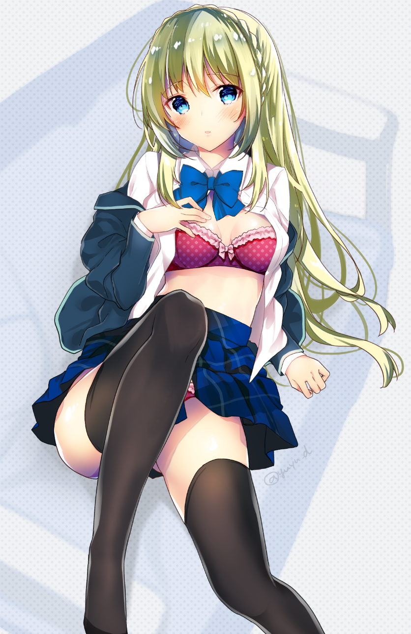 bangs black_legwear blue_bow blue_eyes blue_jacket blue_neckwear blue_skirt blush bow bow_bra bowtie bra braid breasts collared_shirt commentary_request eyebrows_visible_through_hair green_hair hand_on_own_chest highres jacket long_hair long_sleeves looking_at_viewer no_shoes off_shoulder open_clothes open_jacket open_shirt original panties pantyshot pantyshot_(sitting) parted_lips pink_bow pink_bra pink_panties pleated_skirt polka_dot polka_dot_background school_uniform shirt sitting skirt small_breasts solo thighhighs underwear very_long_hair white_shirt yu_yu