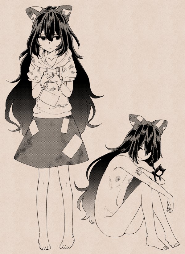 areolae bangle bangs barefoot bow bracelet broken cup dirty expressionless flat_chest hair_between_eyes hair_bow holding hood hoodie jewelry large_areolae long_hair miniskirt monochrome nipples nude simple_background sitting skinny skirt standing touhou urin yorigami_shion