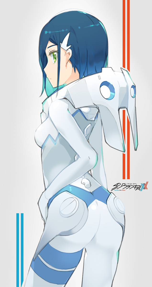 aosora_kamiya ass blue_hair bodysuit breasts closed_mouth commentary_request copyright_name cowboy_shot darling_in_the_franxx expressionless from_behind green_eyes grey_background hair_ornament hair_over_one_eye hairclip highres ichigo_(darling_in_the_franxx) logo looking_at_viewer looking_back medium_breasts pilot_suit shiny shiny_clothes shiny_hair short_hair skin_tight solo standing white_bodysuit