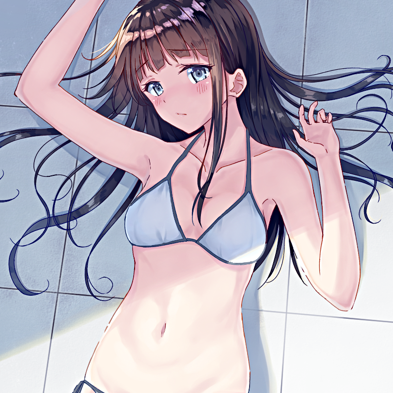 arm_up armpits bangs bare_arms bare_shoulders bikini blue_eyes blunt_bangs breasts brown_hair closed_mouth collarbone day eyebrows_visible_through_hair from_above frown halterneck hand_up head_tilt long_hair looking_at_viewer looking_away lying navel on_back on_floor original seki_(l0410706268) shiny shiny_hair small_breasts solo sunlight swimsuit tareme upper_body white_bikini