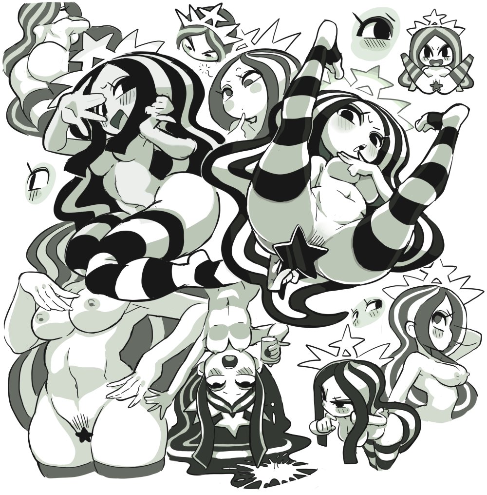 ahegao black_eyes black_hair blush blush_stickers breasts censored coffee_cup commentary crown cup disposable_cup gashi-gashi greyscale hanging_breasts long_hair medium_breasts monochrome multicolored_hair multiple_girls navel nipples open_mouth pubic_hair spilling spread_legs star_censor starbucks starbucks_siren stb-chan striped striped_legwear very_long_hair wavy_hair white_background