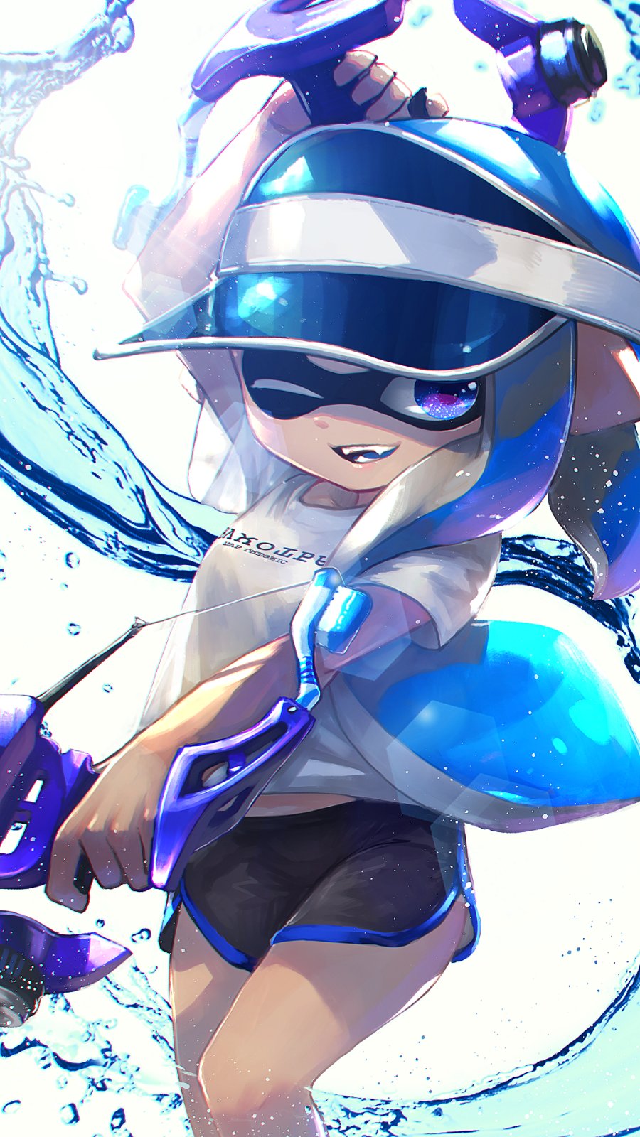 ;d arm_up asymmetrical_hair black_shorts blue_eyes blue_hair clothes_writing commentary_request dapple_dualies_(splatoon) domino_mask dual_wielding fangs finger_on_trigger gun highres holding holding_gun holding_weapon inkling inkling_(language) kashu_(hizake) leg_up lens_flare light_rays long_hair looking_at_viewer mask monster_girl one_eye_closed open_mouth outstretched_arm pointy_ears shirt short_shorts short_sleeves shorts simple_background smile solo splatoon_(series) splatoon_2 standing t-shirt tentacle_hair thighs visor_cap water weapon white_background white_shirt