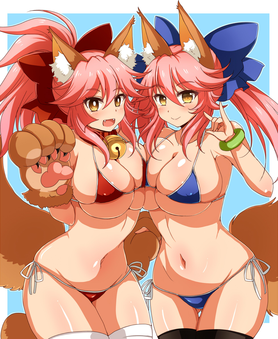 afuro animal_ears bell bell_collar bikini black_legwear blue_bikini blush breast_press breasts cat_paws cleavage closed_mouth collar collarbone commentary_request dual_persona fangs fate/grand_order fate_(series) fox_ears fox_shadow_puppet fox_tail gloves groin hair_ribbon jingle_bell large_breasts long_hair looking_at_viewer multiple_girls navel open_mouth paw_gloves paw_shoes paws pink_hair ponytail ribbon shoes side-tie_bikini swimsuit symmetrical_docking tail tamamo_(fate)_(all) tamamo_cat_(fate) tamamo_no_mae_(fate) white_legwear yellow_eyes