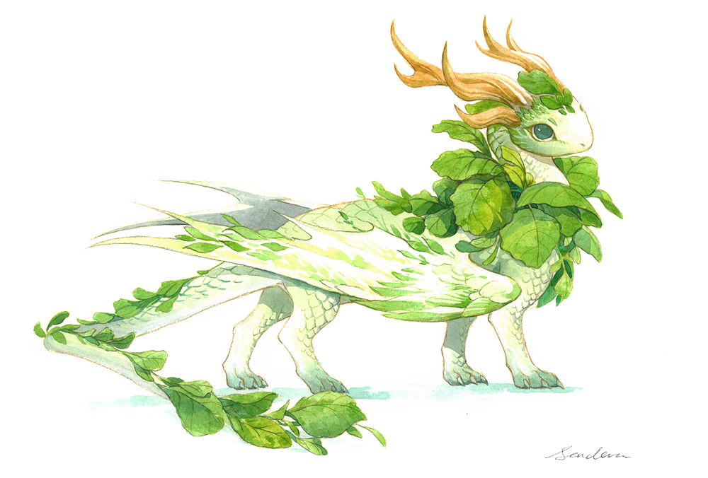 antlers cabbage_dragon claws dragon feathered_dragon feathered_wings feathers feral green_eyes horn leaf_dragon sandara scales simple_background solo standing white_background white_scales wings