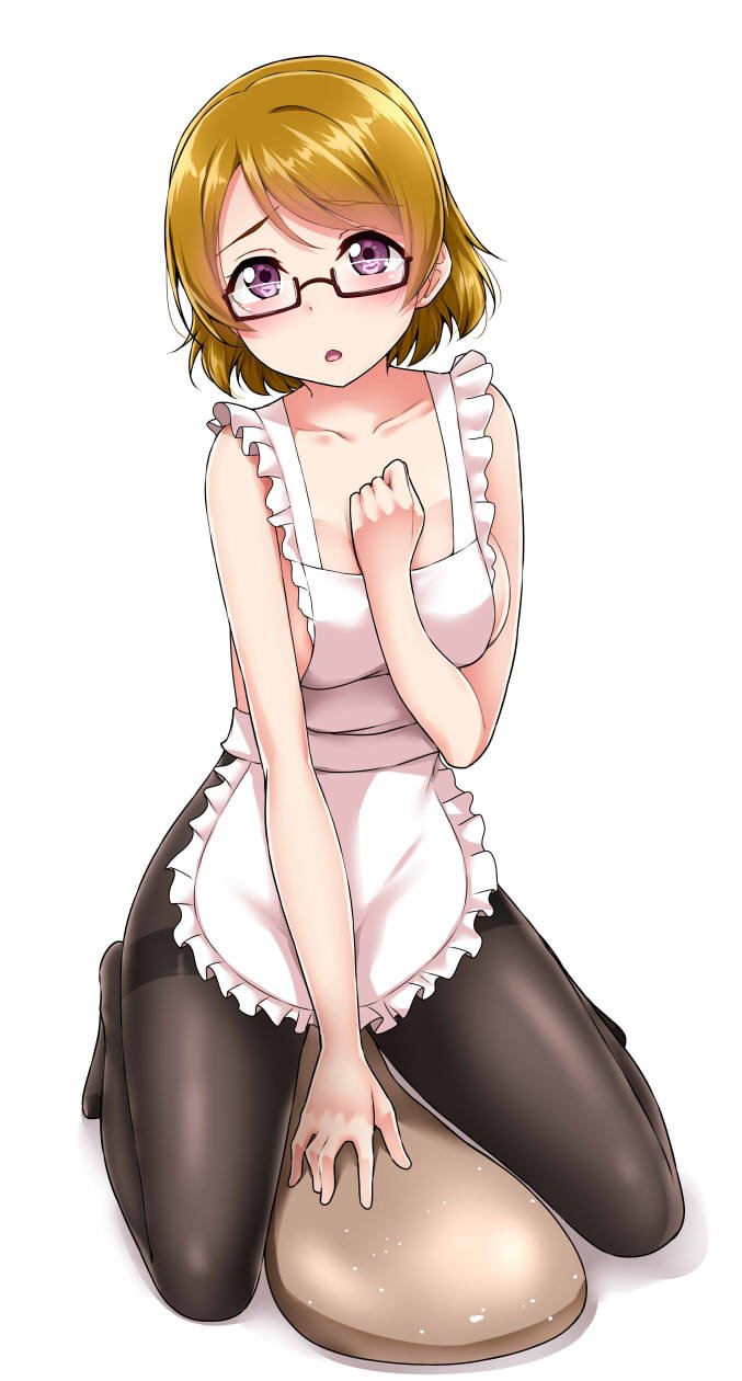:o \||/ apron between_legs black_legwear blush brown_hair clenched_hand collarbone commentary_request frilled_apron frills glasses hand_between_legs highres kneeling koizumi_hanayo looking_at_viewer love_live! love_live!_school_idol_project nearly_naked_apron oversized_object pantyhose purple_eyes rice_spoon semi-rimless_eyewear short_hair simple_background solo thighband_pantyhose under-rim_eyewear white_background yopparai_oni