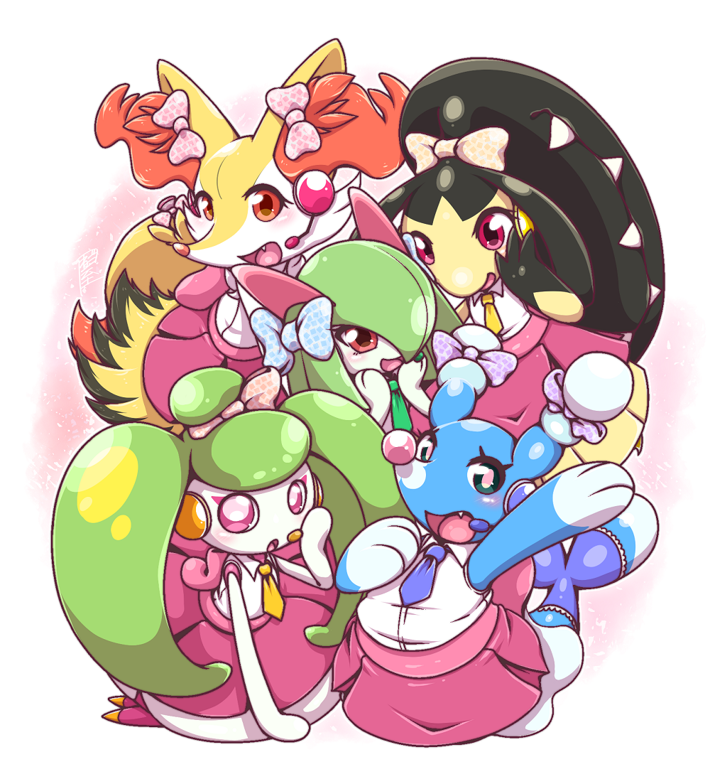 5girls animal_ears arm_up bare_shoulders blue_bow blue_neckwear blush bow braixen brionne earpiece extra_mouth fang female fox_ears fox_tail full_body furry green_hair green_neckwear hair_bow hair_ornament hair_over_one_eye hand_on_own_chest hand_on_own_face hand_up hands_on_own_face hands_up happy headphones idol kirlia looking_at_viewer mawile multiple_girls necktie negoya no_humans open_mouth pink_bow pink_eyes pokemon pokemon_(creature) pokemon_rse pokemon_sm pokemon_xy polka_dot_bow purple_bow purple_skirt red_eyes sharp_teeth shirt signature simple_background skirt sleeveless sleeveless_shirt smile standing steenee tail teeth text twintails white_background white_shirt yellow_bow yellow_neckwear