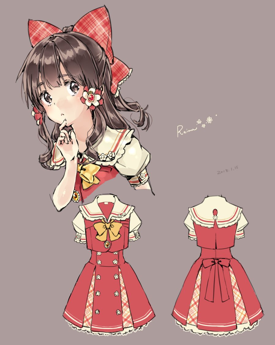 :&lt; adapted_costume bangs blush bow bowtie brown_eyes brown_hair character_name dress eyebrows finger_to_chin flower frilled_shirt_collar frills grey_background hair_bow hair_flower hair_ornament hair_tubes hakurei_reimu hand_up jiinyo_(awamoe1207) large_bow long_hair plaid plaid_bow ponytail puffy_short_sleeves puffy_sleeves red_bow school_uniform serafuku short_sleeves simple_background solo thinking touhou yellow_neckwear