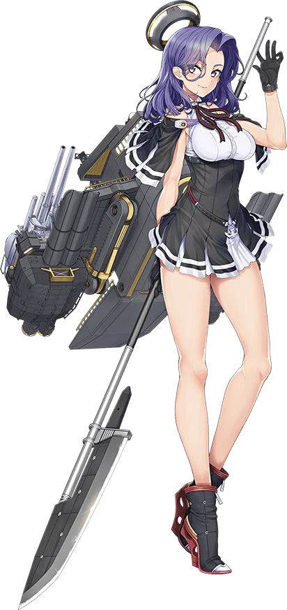 ayaki bad_anatomy black_gloves breasts capelet full_body gloves hair_intakes kantai_collection large_breasts legs long_hair machinery mechanical_halo official_art polearm purple_eyes purple_hair remodel_(kantai_collection) rigging standing tatsuta_(kantai_collection) torpedo_tubes transparent_background turret weapon
