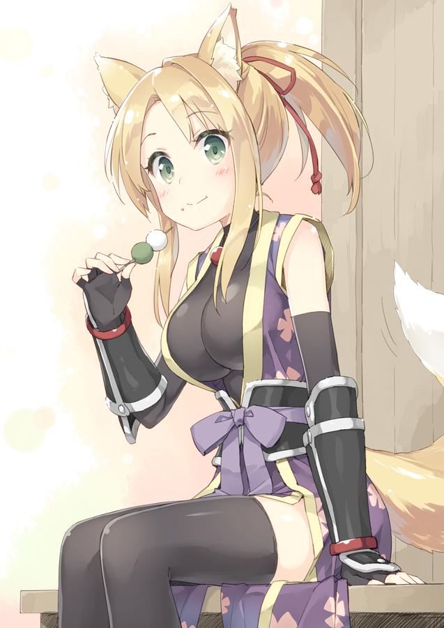 animal_ears bare_shoulders black_gloves black_legwear blonde_hair blush breasts closed_mouth commentary_request dango dog_days eating elbow_gloves eyebrows_visible_through_hair fingerless_gloves food food_on_face fox_ears fox_tail gloves green_eyes hair_ribbon japanese_clothes kimono large_breasts looking_at_viewer obi peko purple_kimono red_ribbon ribbon sash short_kimono sitting smile solo tail thighhighs vambraces wagashi yukikaze_panettone