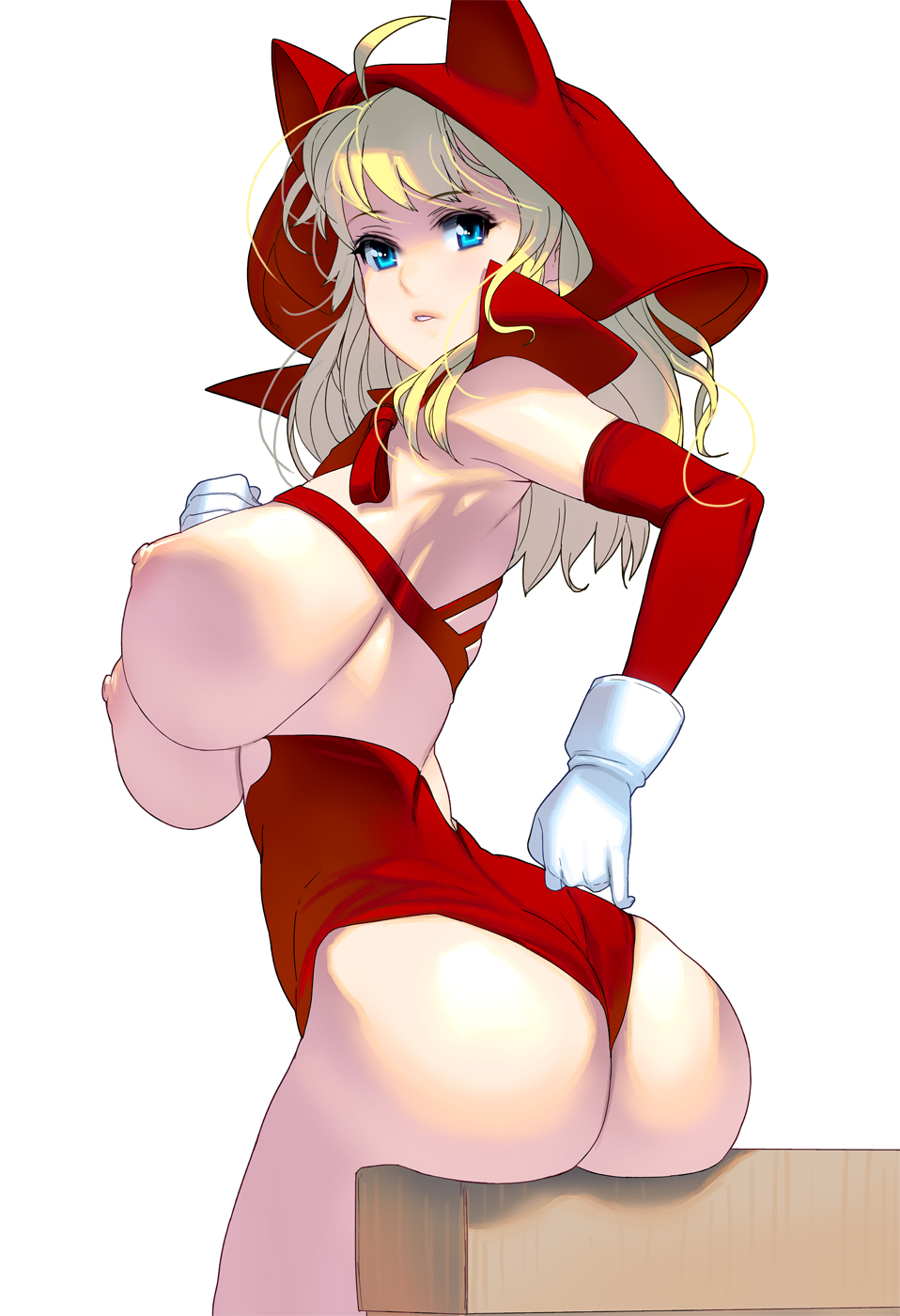 1girl ahoge artist_request ass blonde_hair blue_eyes blush breasts elbow_gloves gloves hood huge_breasts leotard little_red_riding_hood long_hair looking_at_viewer nipples original parted_lips red_hood shiny shiny_skin smile solo