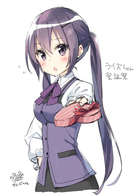 :o bangs bow bowtie box collared_shirt commentary_request eyebrows_visible_through_hair flying_sweatdrops gift giving gochuumon_wa_usagi_desu_ka? hair_between_eyes hand_on_hip heart-shaped_box incoming_gift long_hair long_sleeves peko purple_eyes purple_hair purple_neckwear purple_vest shirt signature simple_background solo standing tedeza_rize translation_request twintails valentine very_long_hair vest white_background white_shirt wing_collar