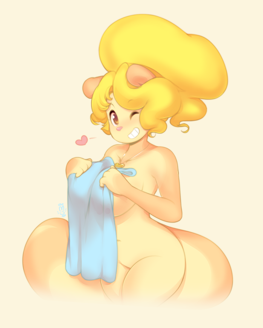&lt;3 anthro big_breasts blonde_hair breasts brown_eyes covering cream_(miu) female fluffy fluffy_tail fur grin hair jewelry looking_at_viewer mammal miu multicolored_fur navel necklace one_eye_closed rodent smile solo squirrel tan_fur towel two_tone_fur wide_hips wink