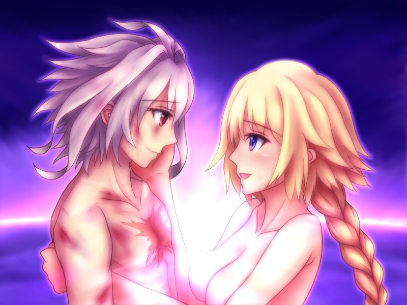 1boy 1girl ahoge bangs blonde_hair braid breasts brown_hair couple eyebrows_visible_through_hair face-to-face fate/apocrypha fate_(series) from_side hair_between_eyes hand_on_another's_face hozenkakari jeanne_d'arc_(fate) jeanne_d'arc_(fate)_(all) long_braid long_hair looking_at_another medium_breasts night night_sky purple_eyes red_eyes ruler_(fate/apocrypha) scar shirtless short_hair sieg_(fate/apocrypha) single_braid steam_censor very_long_hair