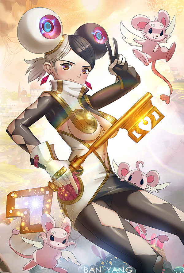 artist_name bad_id bad_pixiv_id ban_yang black_hair black_legwear breasts brown_eyes earrings glint gloves jewelry key looking_at_viewer medium_breasts mouse multicolored_hair orange_sky original outdoors short_ponytail sky smirk solo standing two-tone_hair v white_gloves white_hair