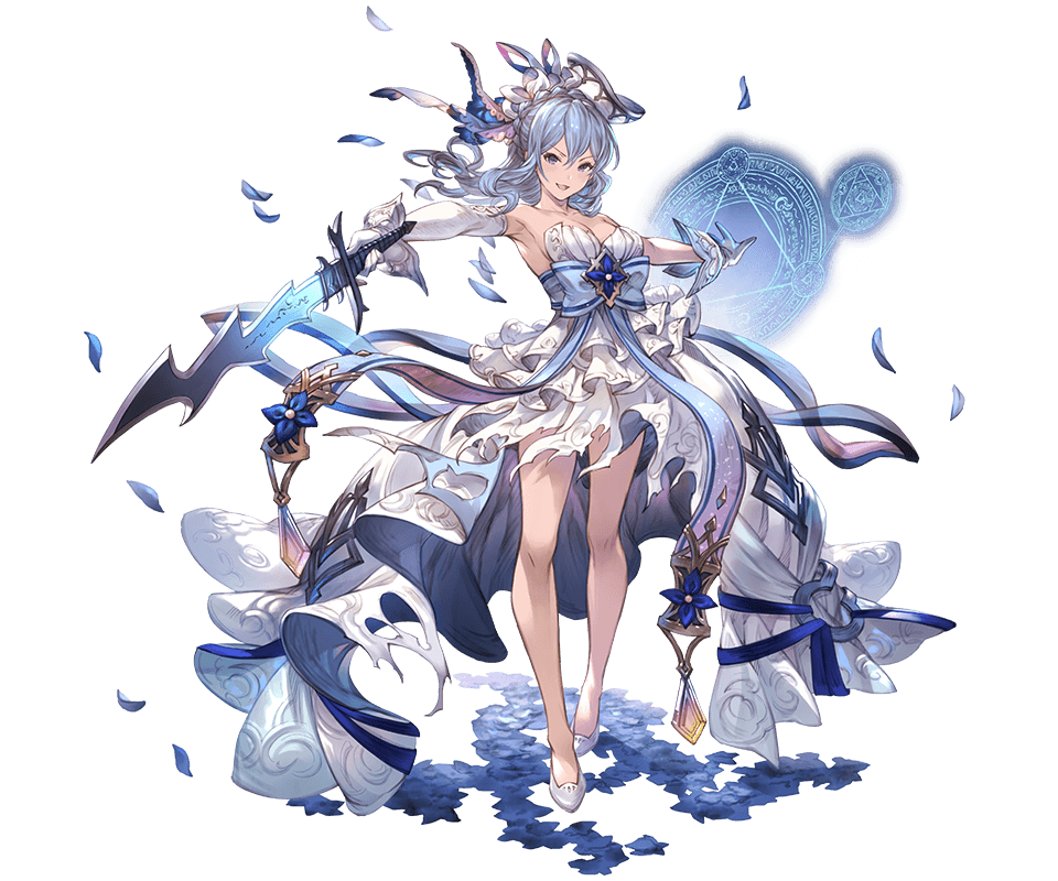 bangs bare_shoulders blue_eyes blue_hair breasts dress elbow_gloves full_body gloves granblue_fantasy hair_ornament high_heels holding holding_sword holding_weapon legs long_hair looking_at_viewer medium_breasts minaba_hideo official_art open_mouth petals single_elbow_glove solo standing strapless strapless_dress sword therese_(granblue_fantasy) torn_clothes torn_dress transparent_background weapon