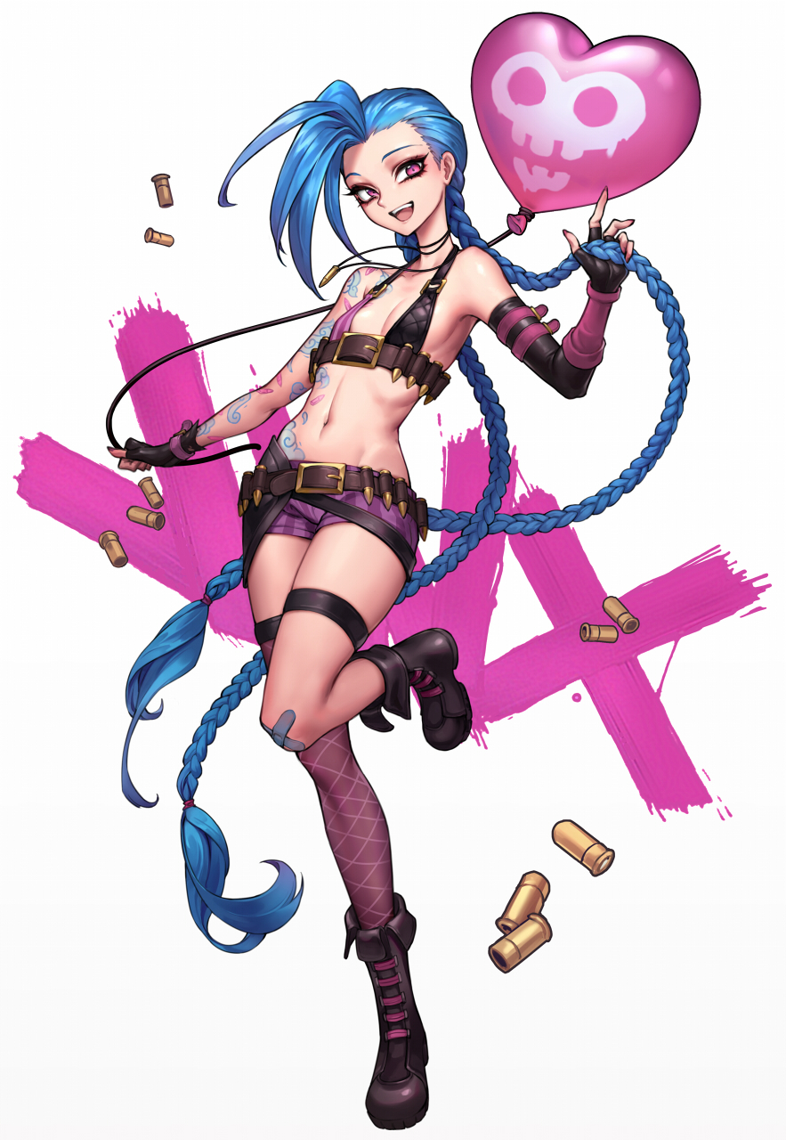 :d balloon bandaid bandaid_on_knee bare_shoulders bikini_top black_gloves blue_hair boots braid breasts bullet character_name commentary elbow_gloves eyeshadow fingerless_gloves full_body gloves highres jinx_(league_of_legends) league_of_legends long_hair looking_at_viewer makeup mismatched_footwear mismatched_gloves nail_polish navel oopartz_yang open_mouth pink_eyes revision shell_casing short_shorts shorts simple_background single_elbow_glove single_knee_boot single_thighhigh small_breasts smile solo standing standing_on_one_leg tattoo thigh_strap thighhighs twin_braids very_long_hair white_background