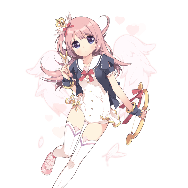 arrow artist_request blue_eyes blush bow_(weapon) eyebrows_visible_through_hair hair_ornament heart leotard long_hair looking_at_viewer official_art one_side_up pink_hair short_hair thighhighs transparent_background uchi_no_hime-sama_ga_ichiban_kawaii weapon white_legwear wings