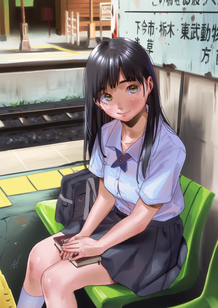 bad_id bad_pixiv_id bag bangs bench blue_skirt blush book bookmark breasts brown_eyes closed_mouth collared_shirt commentary_request day hands_together kamiyama_aya kneehighs legs_together long_hair looking_at_viewer medium_breasts original outdoors pleated_skirt railroad_tracks rust school_bag school_uniform shirt shirt_tucked_in sign sitting skirt smile solo train_station train_station_platform translation_request white_legwear white_shirt