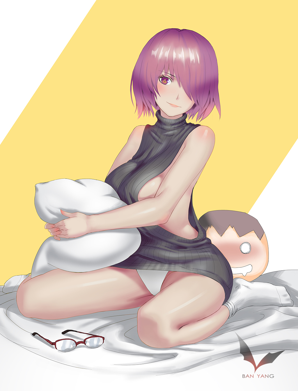 bad_id bad_pixiv_id ban_yang bare_shoulders black_sweater breasts eyewear_removed fate/grand_order fate_(series) full_body hair_over_one_eye highres large_breasts looking_at_viewer mash_kyrielight meme_attire on_bed panties pillow pink_hair red_eyes short_hair sideboob sitting solo sweater underwear virgin_killer_sweater wariza white_legwear white_panties