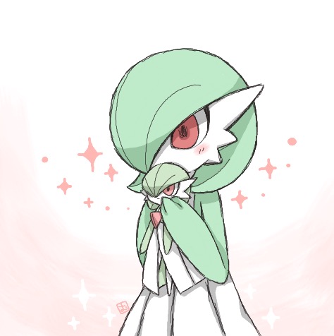 1girl artist_request blush doll female gardevoir green_hair hair_over_one_eye hands_together hands_up holding jpeg_artifacts lowres no_humans pokemon pokemon_(creature) pokemon_rse red_eyes short_hair signature simple_background solo sparkle standing text white_background