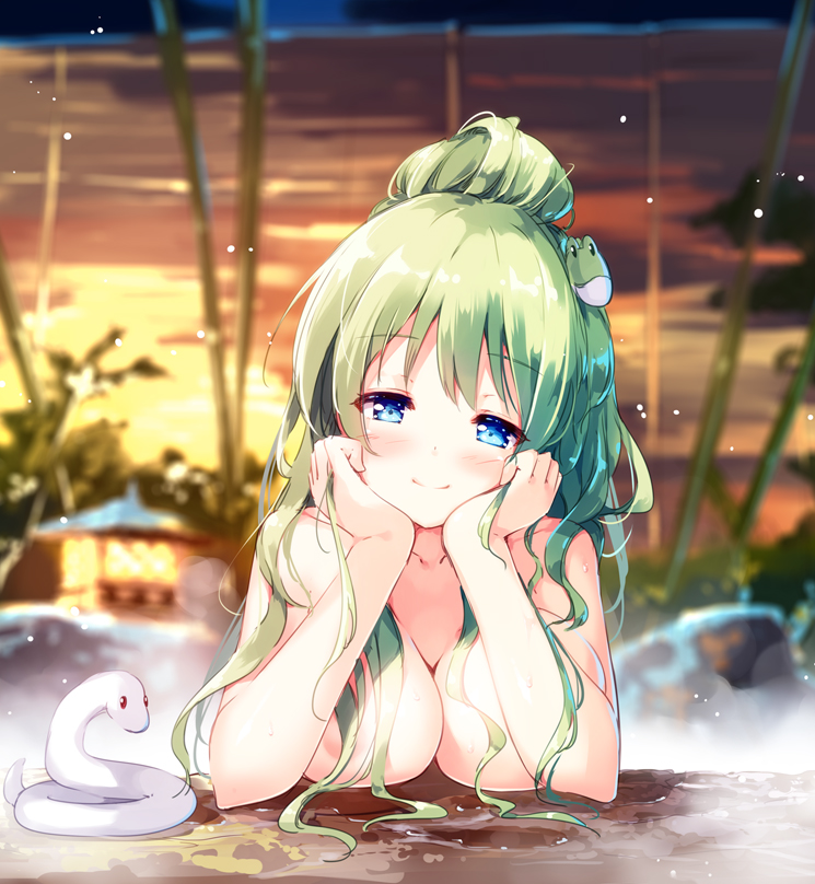 alternate_hairstyle areolae bamboo blue_eyes blurry blush breasts closed_mouth collarbone commentary_request convenient_arm convenient_censoring depth_of_field elbow_rest eyebrows_visible_through_hair frog_hair_ornament green_hair hair_censor hair_ornament hair_over_one_breast head_tilt kochiya_sanae lantern large_breasts long_hair looking_at_viewer miyase_mahiro night night_sky onsen seductive_smile sky smile snake solo touhou upper_body white_snake