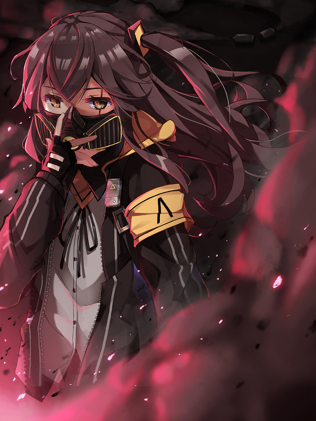 arm_at_side armband bangs belt black_gloves black_ribbon brown_eyes brown_hair buckle buttons explosive fingerless_gloves floating_hair gas_mask girls_frontline gloves grenade gun hair_between_eyes hair_ornament hand_on_mask highres hood hooded_jacket jacket light_particles long_hair looking_at_viewer one_side_up pot-palm ribbon scar scar_across_eye scarf shirt skirt smile smoke smoke_grenade solo strap submachine_gun twintails ump45_(girls_frontline) unzipped weapon white_shirt wind wind_lift