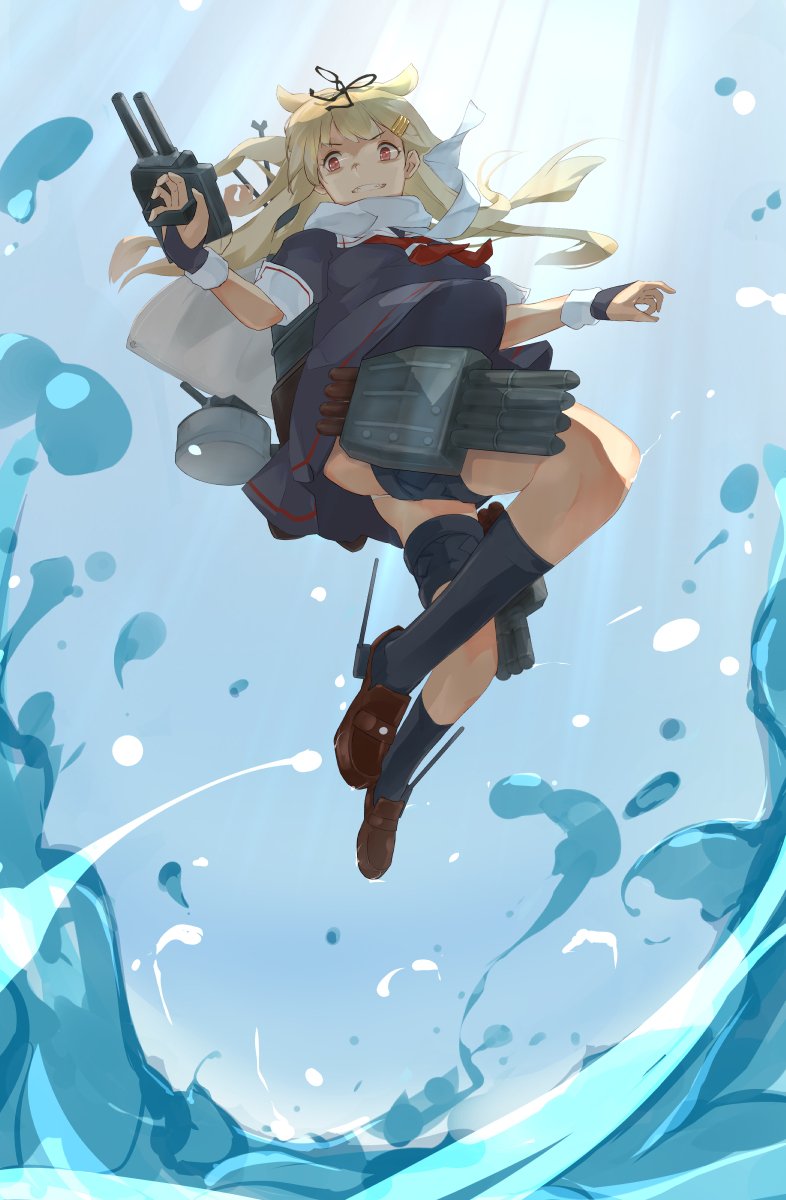 1girl adapted_turret adapted_weapon bangs black_legwear black_ribbon black_serafuku black_skirt blonde_hair blunt_bangs fingerless_gloves floating floating_hair folded_leg from_below full_body gloves grin hair_flaps hair_ribbon highres holding holding_weapon kantai_collection kneehighs light loafers long_hair looking_down machinery neckerchief panties pantyshot puffy_short_sleeves puffy_sleeves red_eyes red_neckwear remodel_(kantai_collection) ribbon rigging sailor_collar scarf school_uniform serafuku shaded_face shoes short_sleeves skirt smile solo splashing teeth torpedo torpedo_launcher torpedo_tubes turret underwear water weapon white_panties white_sailor_collar white_scarf yamaioni_(sasakama) yuudachi_(kantai_collection)