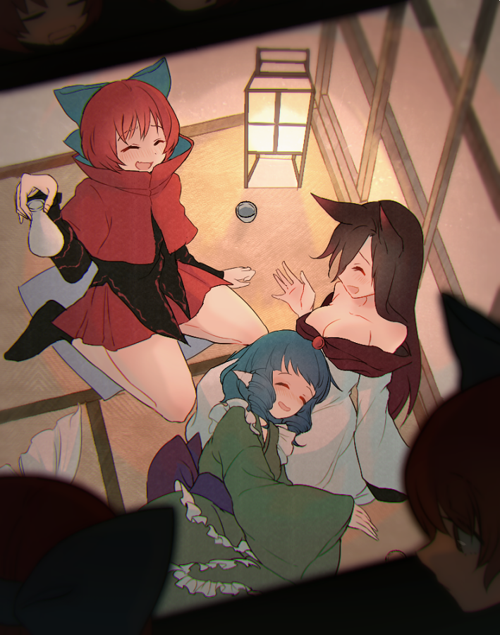 animal_ears bad_id bad_pixiv_id banned_artist bare_shoulders blouse blue_bow blue_hair bottle bow breasts brown_hair cape cleavage closed_eyes cup disembodied_head drill_hair from_above green_kimono hair_bow hand_up holding imaizumi_kagerou indoors japanese_clothes kimono lamp large_breasts long_hair long_sleeves mermaid miniskirt monster_girl multiple_girls red_hair red_skirt sake_bottle sekibanki short_hair sitting skirt sleeping smile tatami touhou towako_(10wk0) wakasagihime wariza wolf_ears