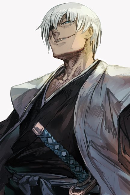 belt black_shirt bleach blue_eyes eyepatch grey_background grin hankuri ichimaru_gin jacket japanese_clothes katana looking_at_viewer male_focus open_clothes open_jacket samurai shirt silver_hair simple_background smile solo sword upper_body weapon white_jacket