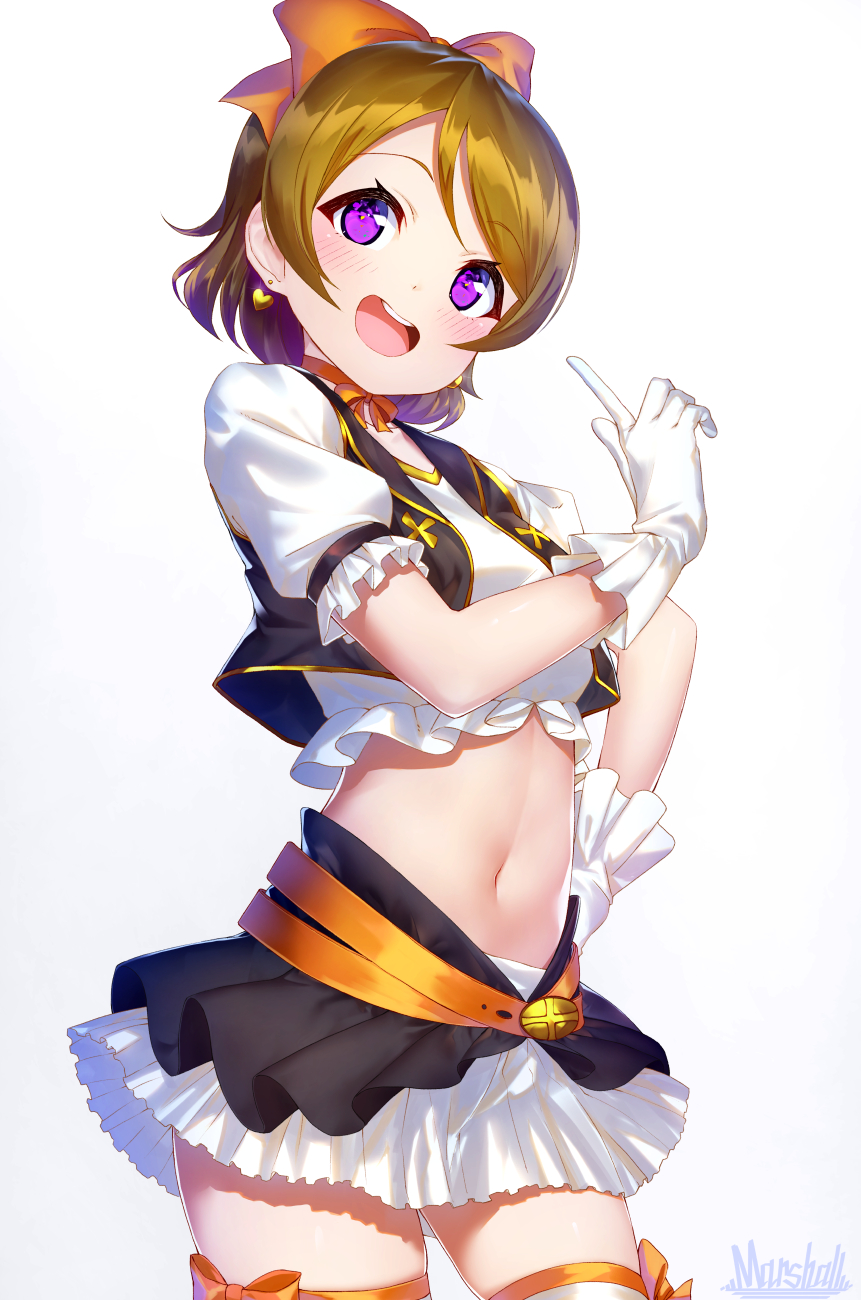 :d artist_name bangs belt black_vest blush bow brown_hair choker cowboy_shot crop_top cropped_vest earrings eyebrows_visible_through_hair frilled_sleeves frills hair_bow hand_on_hip heart heart_earrings highres index_finger_raised jewelry koizumi_hanayo layered_skirt looking_at_viewer love_live! love_live!_school_idol_project marshall_(wahooo) miniskirt navel no_brand_girls open_clothes open_mouth open_vest orange_bow orange_choker orange_ribbon ponytail puffy_short_sleeves puffy_sleeves purple_eyes ribbon ribbon_choker short_hair short_sleeves simple_background sketch skirt smile solo standing stomach swept_bangs tareme thighhighs vest white_background white_legwear zettai_ryouiki