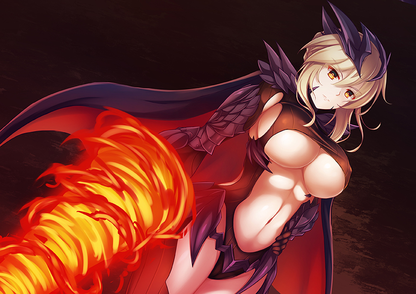 armor artoria_pendragon_(all) artoria_pendragon_(lancer_alter) black_legwear black_leotard blonde_hair blue_armor braid breasts cape center_opening closed_mouth commentary_request euforia fate/grand_order fate_(series) gauntlets greaves hair_between_eyes holding holding_weapon horns lance large_breasts leotard navel pale_skin pauldrons polearm ribbed_leotard sidelocks solo thighs weapon yellow_eyes