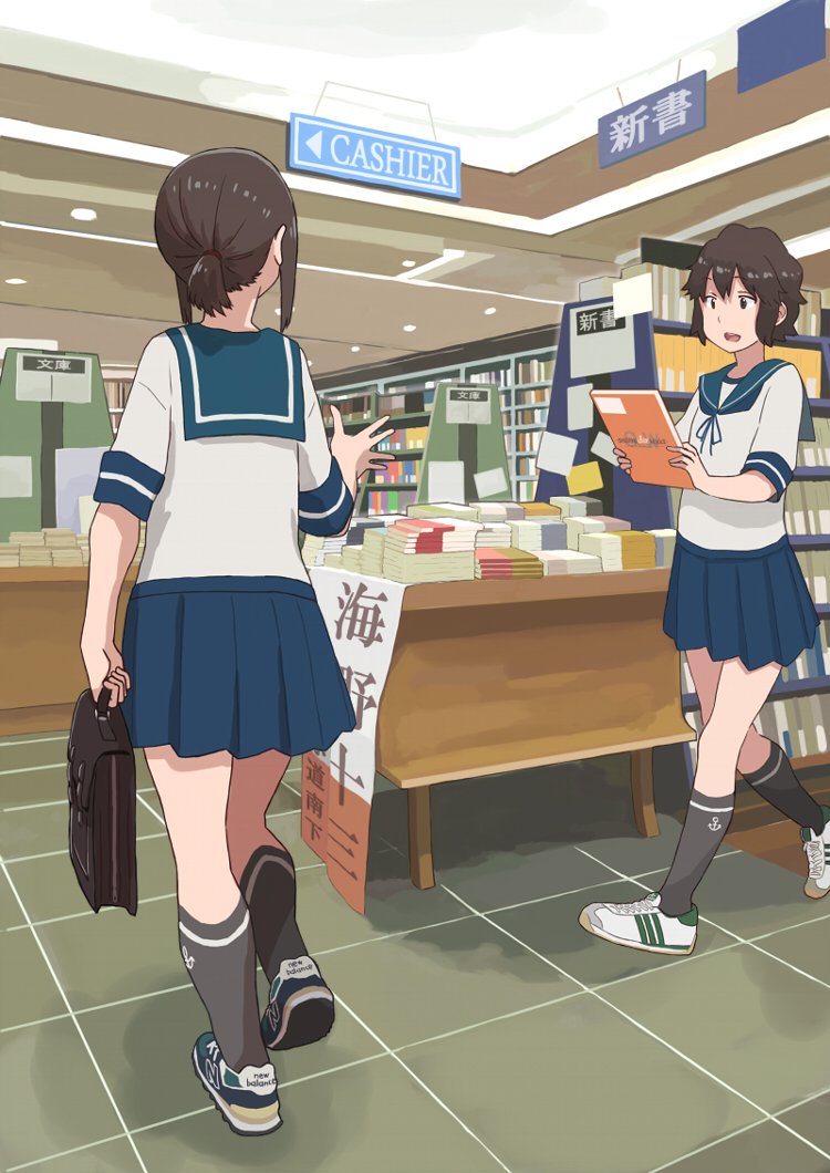 anchor_symbol black_legwear blue_skirt book bookshelf bookstore brown_hair commentary from_behind fubuki_(kantai_collection) full_body holding holding_book indoors kantai_collection kneehighs matsutani miyuki_(kantai_collection) multiple_girls neck_ribbon new_balance open_mouth partially_translated pleated_skirt ponytail ribbon sailor_collar school_briefcase school_uniform serafuku shoes shop short_hair sidelocks skirt sneakers suitcase tile_floor tiles translation_request walking