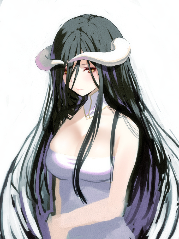 albedo bare_arms bare_shoulders breasts closed_mouth commentary_request demon_horns dress eyeshadow hair_between_eyes horns large_breasts long_hair looking_at_viewer makeup overlord_(maruyama) simple_background sketch smile solo very_long_hair white_background white_dress yasuyuki yellow_eyes